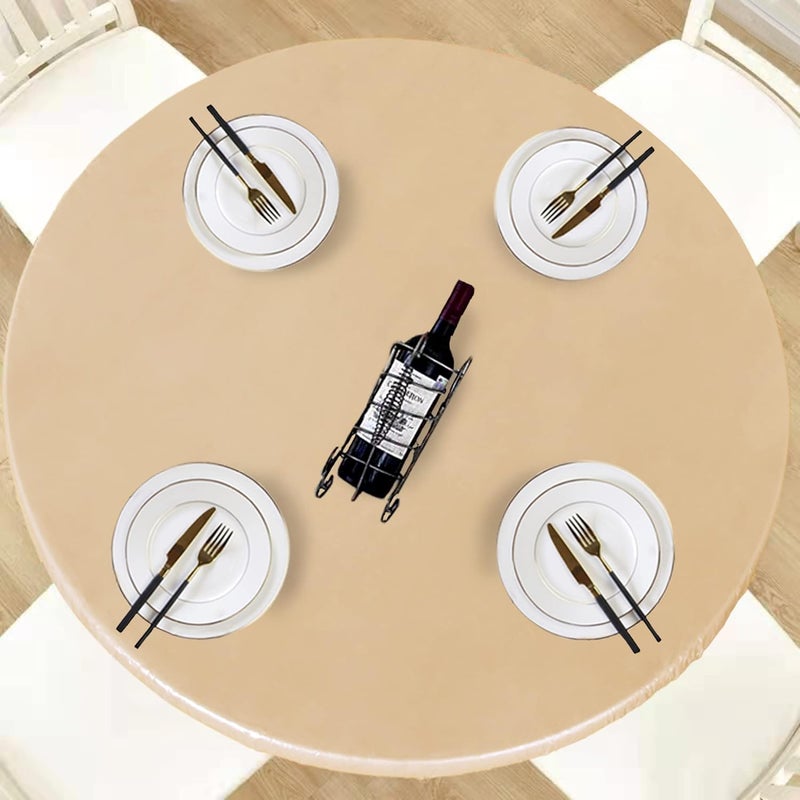LUSHVIDA Round Waterproof Table Cover Elastic Vinyl Fitted Tablecloth Elastic Edged Plastic Table Cloth (Champagne, Best for Up to 57"-68" Round) - Image 1